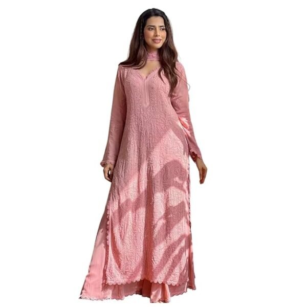 ANAGH APPARELS Ruby Pink Women’s Chikankari Embroidered 3 Piece Suit Set - Image 3