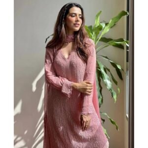 ANAGH APPARELS Ruby Pink Women’s Chikankari Embroidered 3 Piece Suit Set