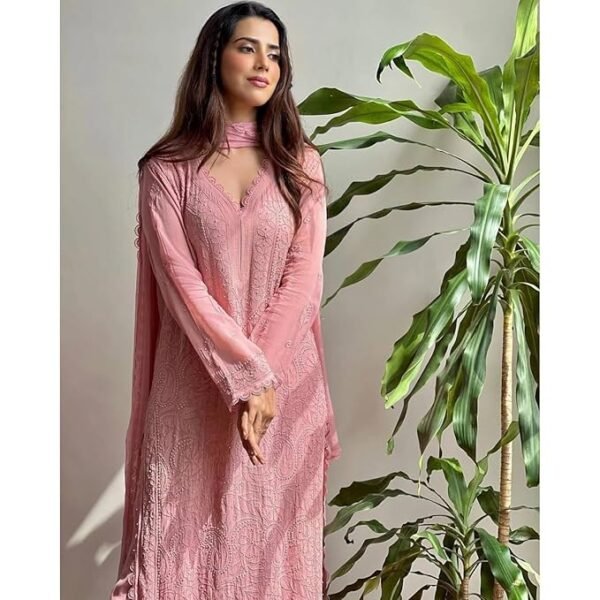 ANAGH APPARELS Ruby Pink Women’s Chikankari Embroidered 3 Piece Suit Set - Image 4