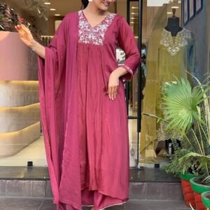 Wine Chinon Silk Kurta Set for Women