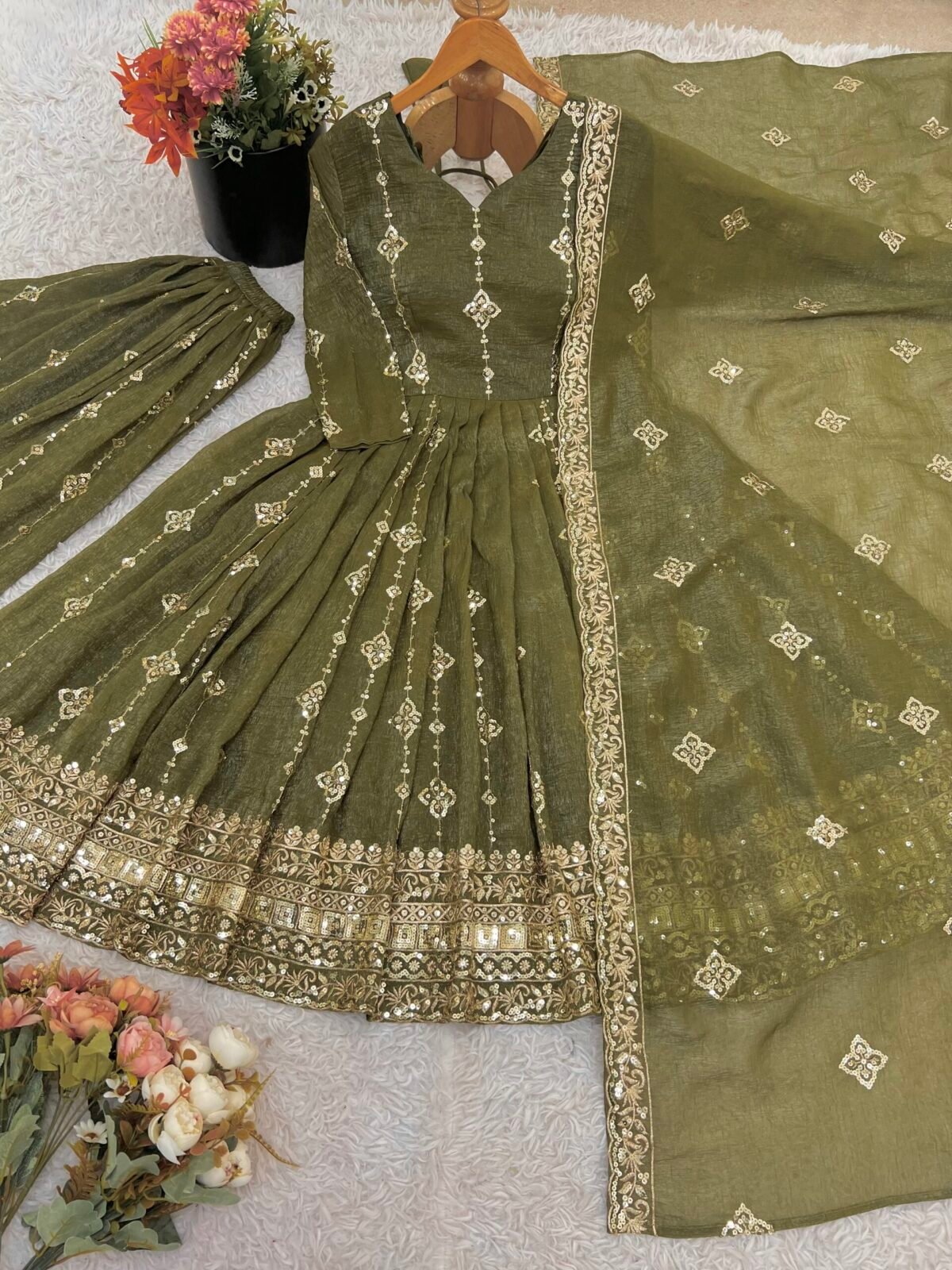 Elegant Heavy Embroidered Sequence Work Set (Green) - Image 6