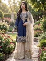 Pure Heavy GMY SILK With Heavy Embroidery Coding Dori-Sequence Work (Blue)