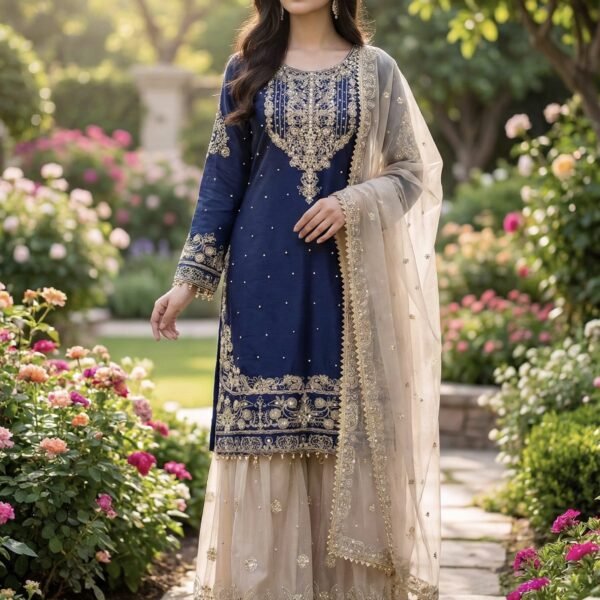 Pure Heavy GMY SILK With Heavy Embroidery Coding Dori-Sequence Work (Blue)