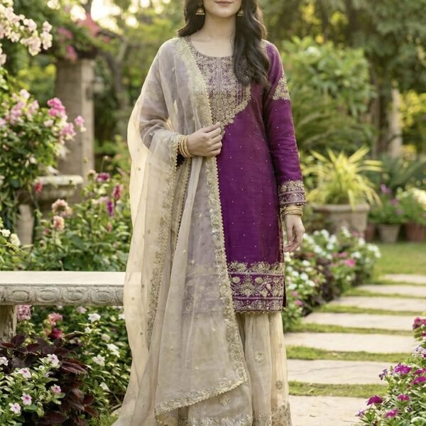 Pure Heavy GMY SILK With Heavy Embroidery Coding Dori-Sequence Work (Wine)