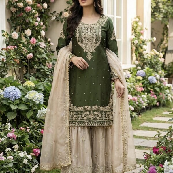 Pure Heavy GMY SILK With Heavy Embroidery Coding Dori-Sequence Work (Green)