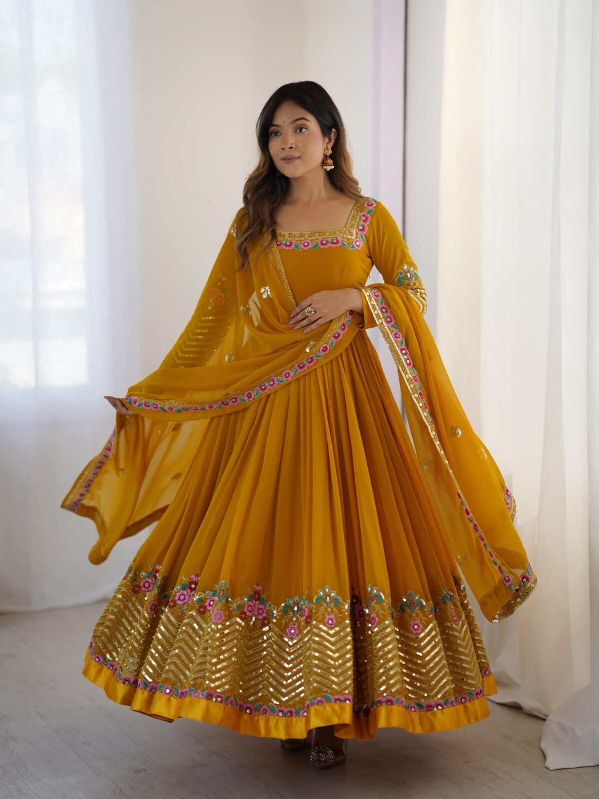 Elegant Embroidered Sequence Designer Anarkali Three Piece Set (Mustard) - Image 6