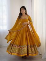 Elegant Embroidered Sequence Designer Anarkali Three Piece Set (Mustard) - Image 6