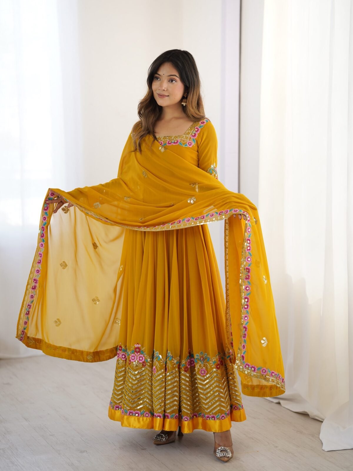 Elegant Embroidered Sequence Designer Anarkali Three Piece Set (Mustard) - Image 3