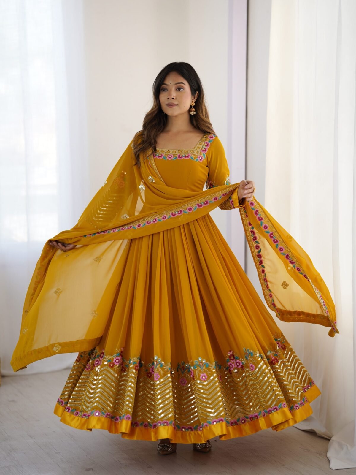 Elegant Embroidered Sequence Designer Anarkali Three Piece Set (Mustard) - Image 5