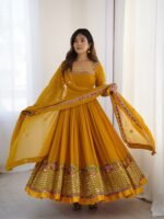 Elegant Embroidered Sequence Designer Anarkali Three Piece Set (Mustard) - Image 5