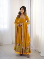 Elegant Embroidered Sequence Designer Anarkali Three Piece Set (Mustard) - Image 2