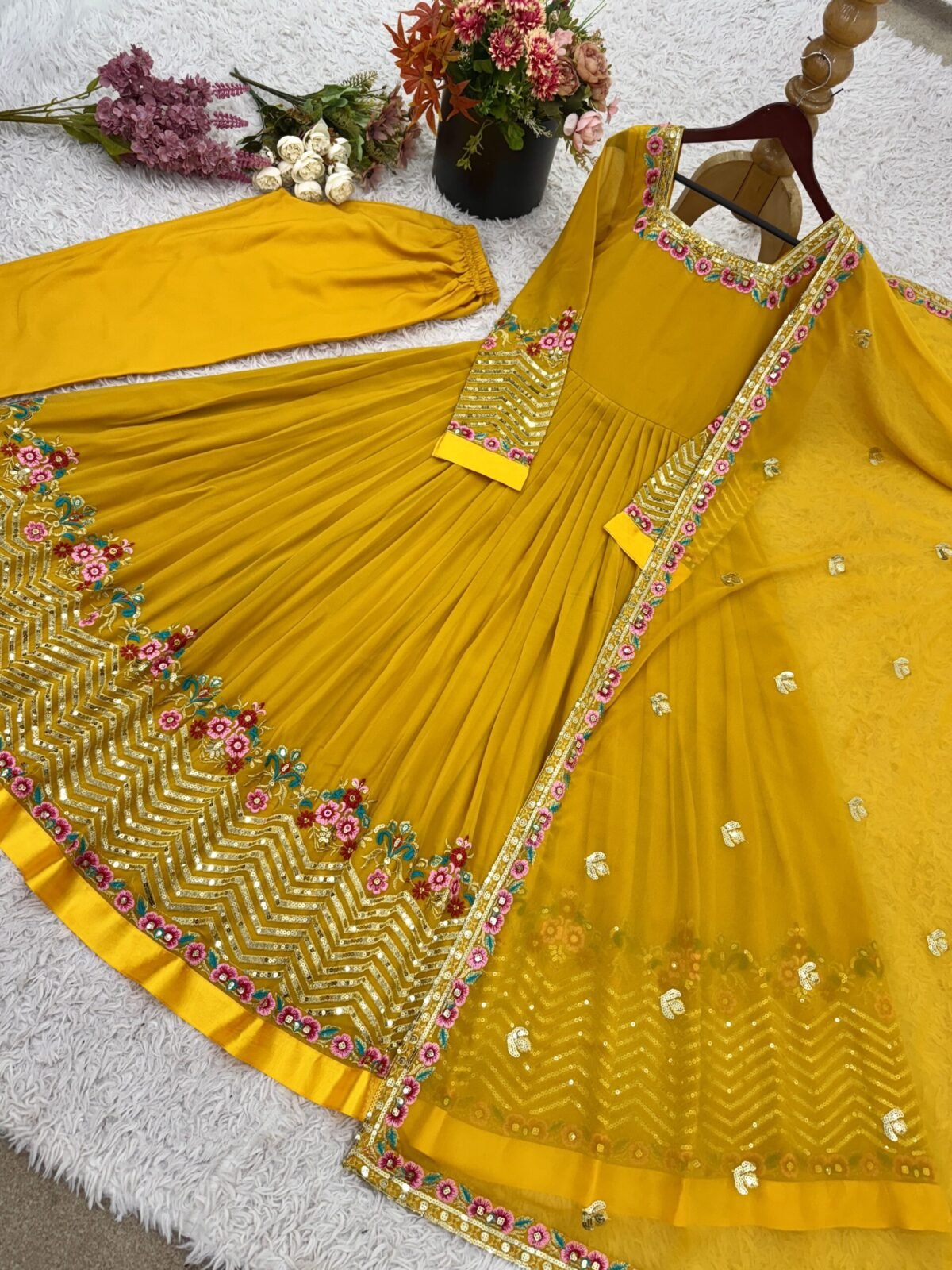 Elegant Embroidered Sequence Designer Anarkali Three Piece Set (Mustard) - Image 9