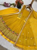 Elegant Embroidered Sequence Designer Anarkali Three Piece Set (Mustard) - Image 9