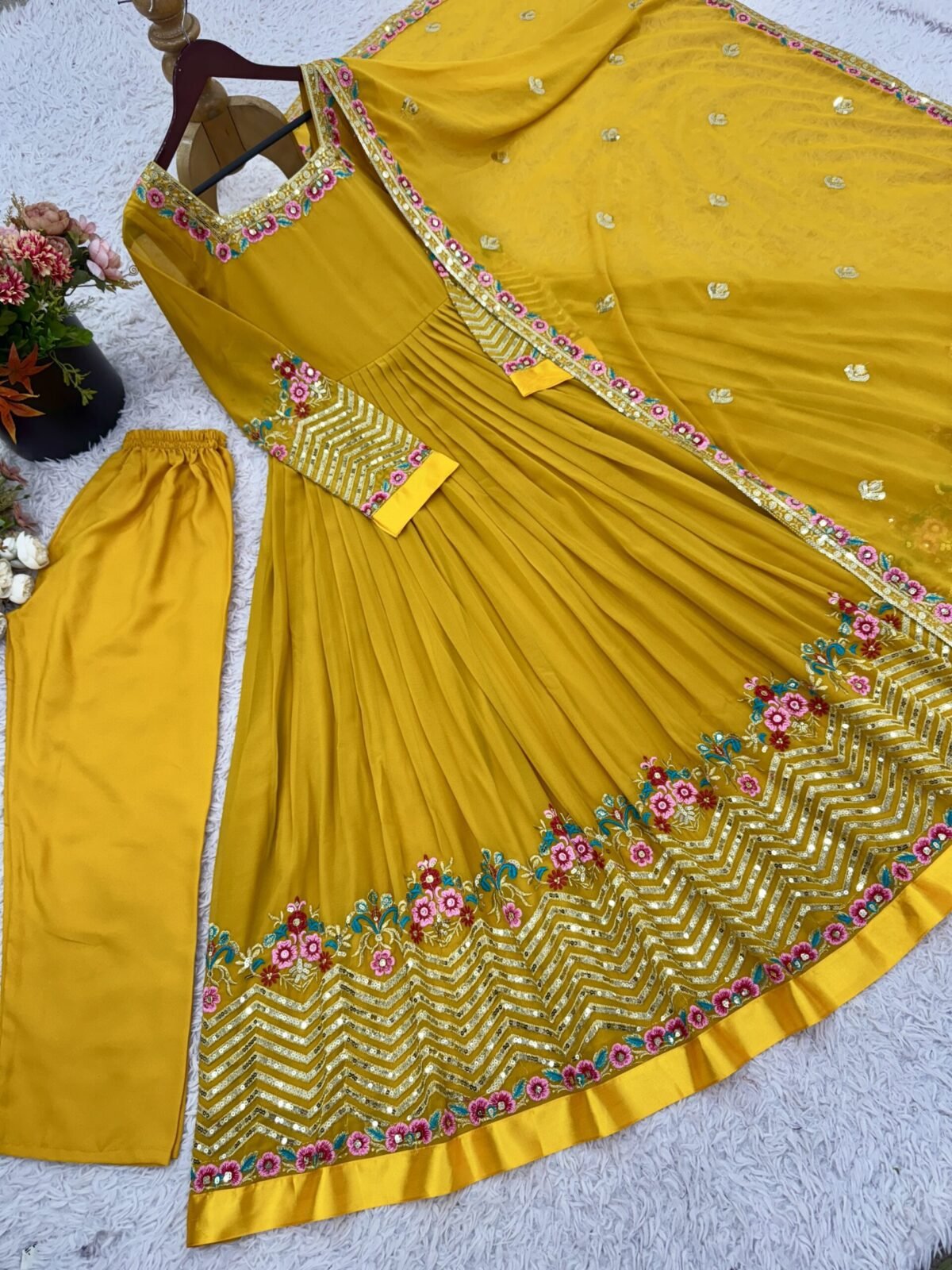 Elegant Embroidered Sequence Designer Anarkali Three Piece Set (Mustard) - Image 10