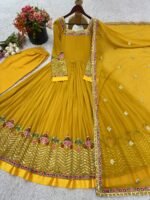 Elegant Embroidered Sequence Designer Anarkali Three Piece Set (Mustard) - Image 7