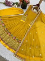 Elegant Embroidered Sequence Designer Anarkali Three Piece Set (Mustard) - Image 8