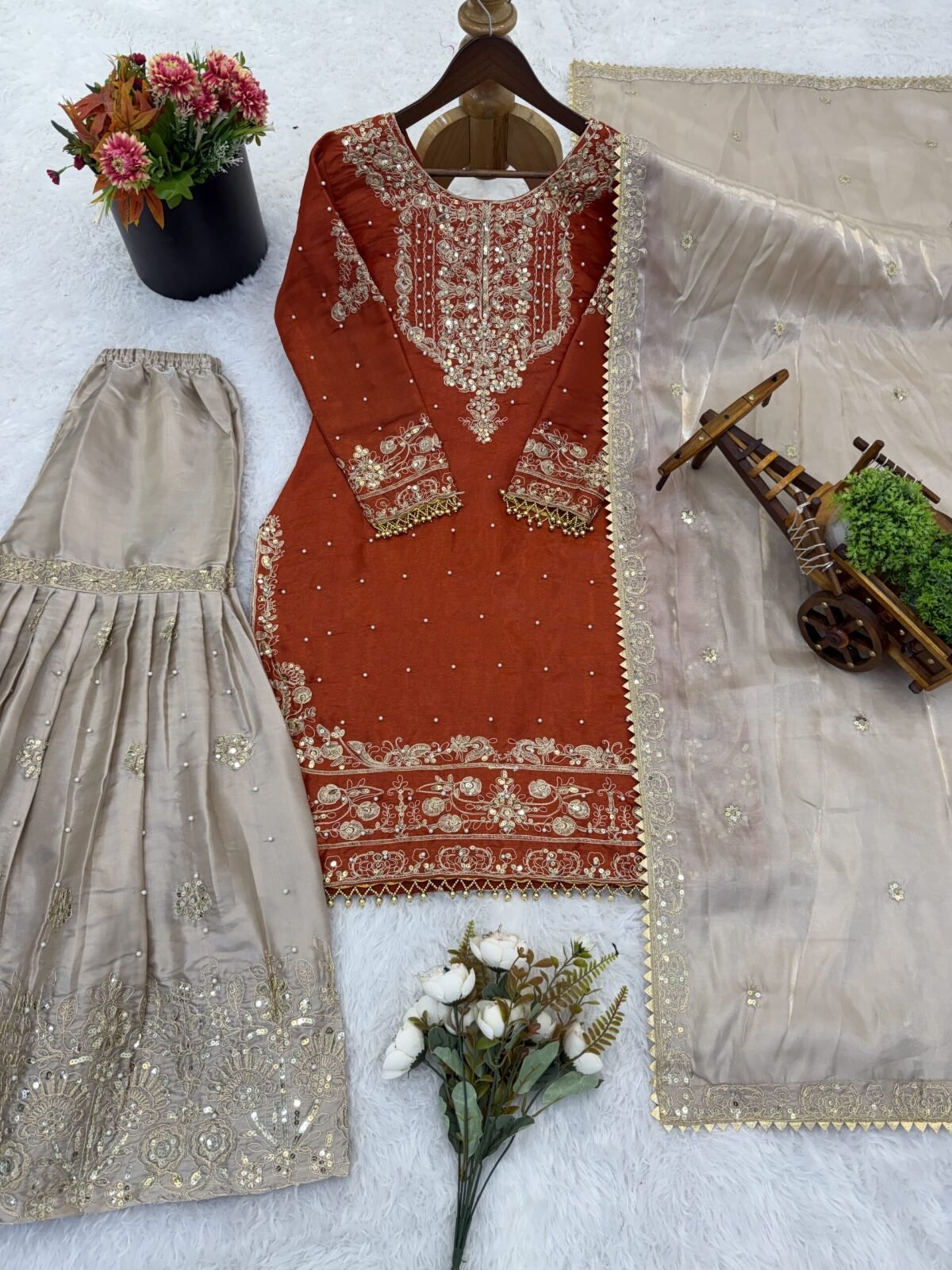 Pure Heavy GMY SILK With Heavy Embroidery Coding Dori-Sequence Work (Orange) - Image 6