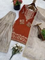 Pure Heavy GMY SILK With Heavy Embroidery Coding Dori-Sequence Work (Orange) - Image 9