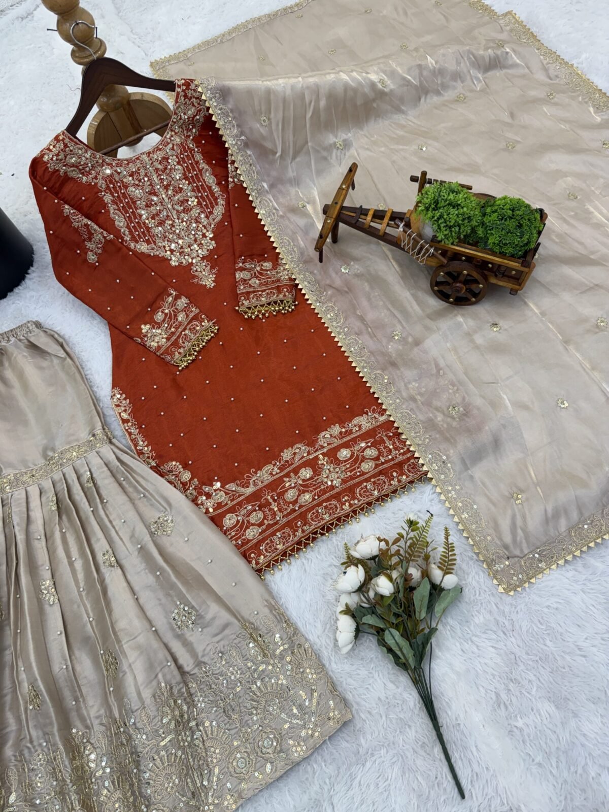 Pure Heavy GMY SILK With Heavy Embroidery Coding Dori-Sequence Work (Orange) - Image 7