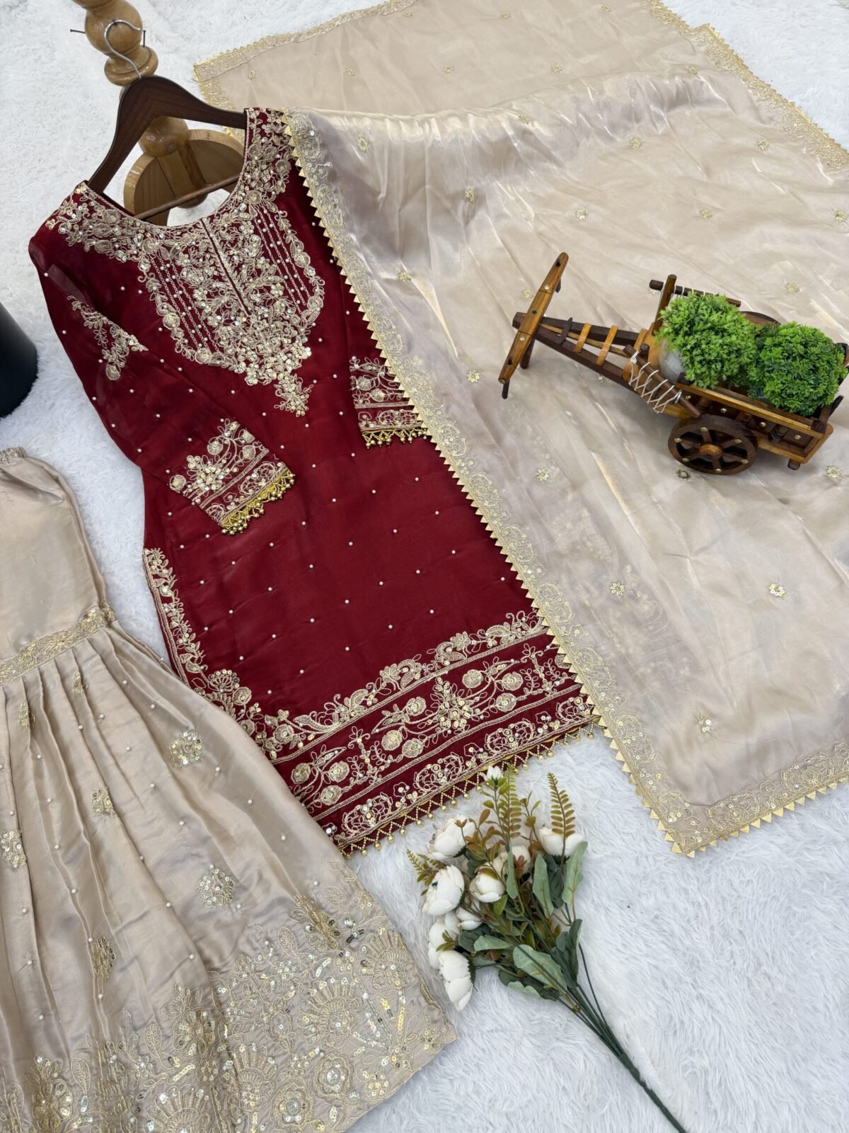 Pure Heavy GMY SILK With Heavy Embroidery Coding Dori-Sequence Work (Maroon) - Image 8