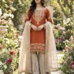 Pure Heavy GMY SILK With Heavy Embroidery Coding Dori-Sequence Work (Orange)