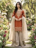 Pure Heavy GMY SILK With Heavy Embroidery Coding Dori-Sequence Work (Orange)