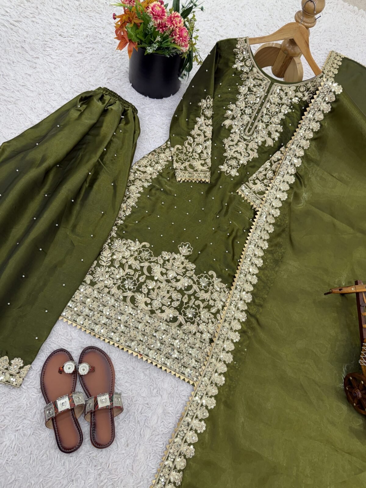 Pure GMY Silk with Heavy Embroidery Coding Sequence Work & Moti Work (Olive Green) - Image 5