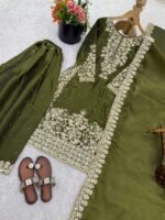 Pure GMY Silk with Heavy Embroidery Coding Sequence Work & Moti Work (Olive Green) - Image 5