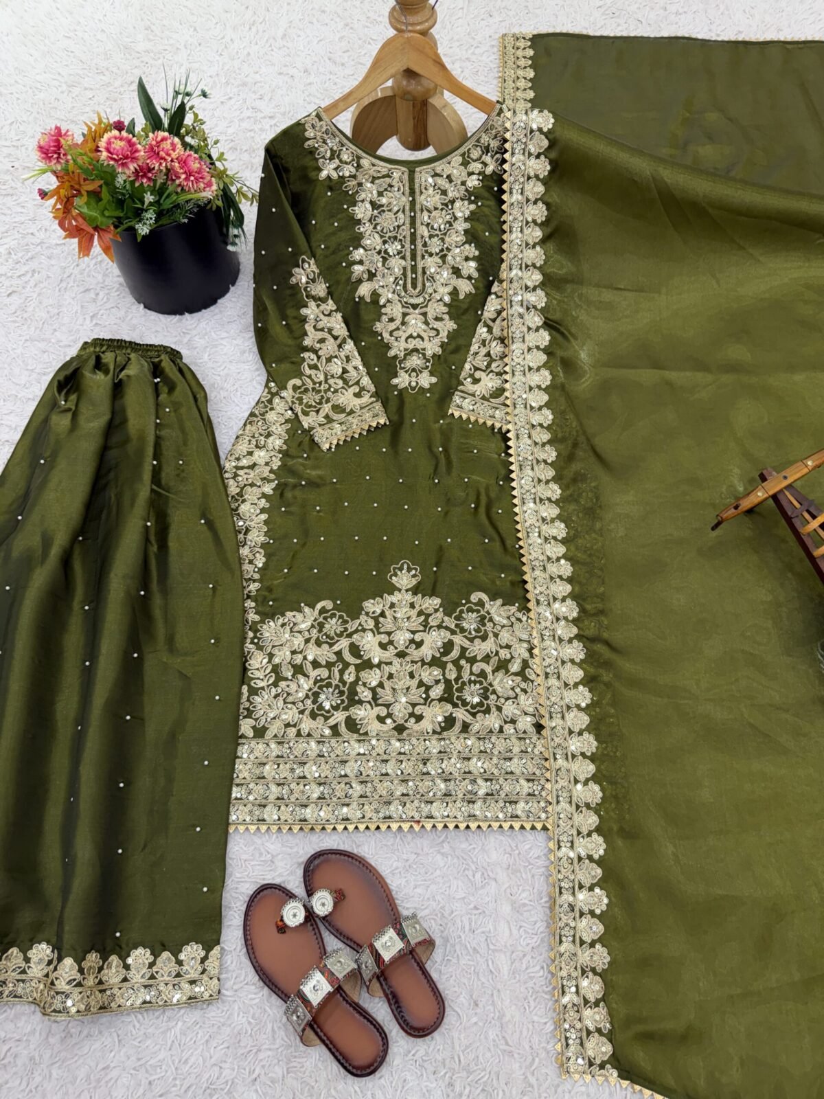 Pure GMY Silk with Heavy Embroidery Coding Sequence Work & Moti Work (Olive Green) - Image 4