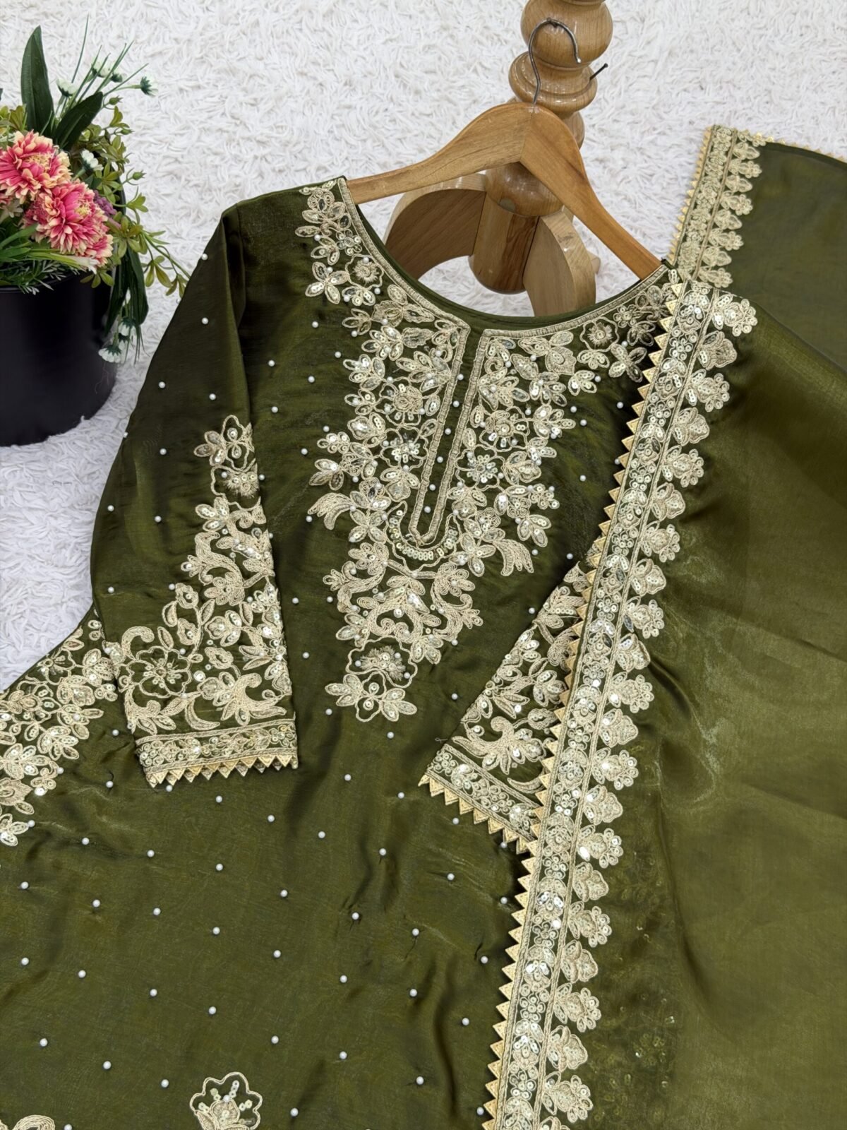Pure GMY Silk with Heavy Embroidery Coding Sequence Work & Moti Work (Olive Green) - Image 6