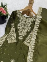 Pure GMY Silk with Heavy Embroidery Coding Sequence Work & Moti Work (Olive Green) - Image 6