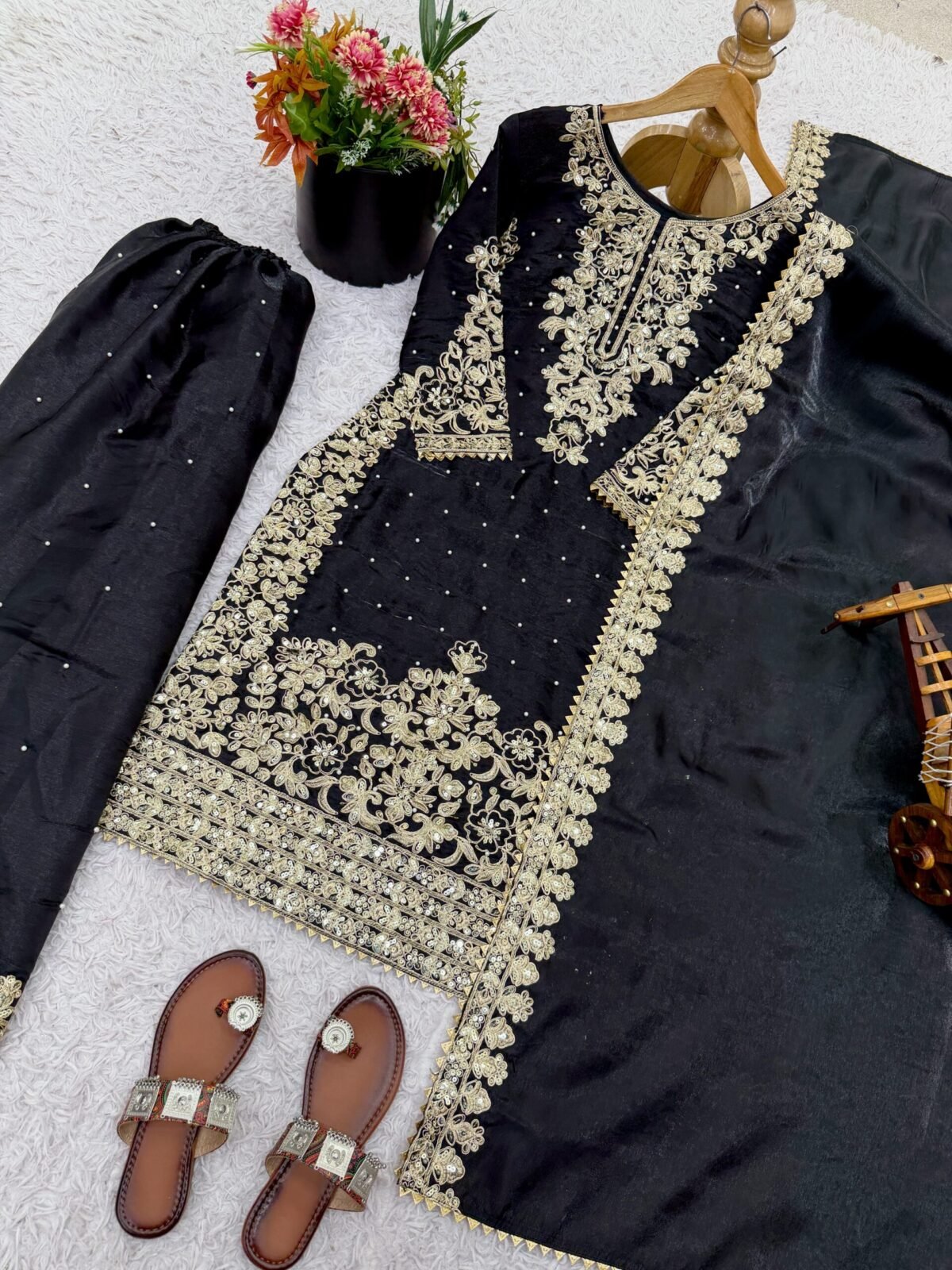 Pure GMY Silk with Heavy Embroidery Coding Sequence Work & Moti Work (Black) - Image 6