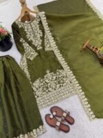 Pure GMY Silk with Heavy Embroidery Coding Sequence Work & Moti Work (Olive Green) - Image 7