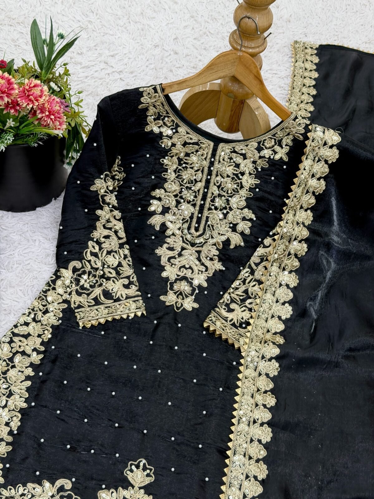 Pure GMY Silk with Heavy Embroidery Coding Sequence Work & Moti Work (Black) - Image 5
