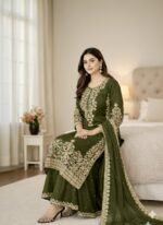 Pure GMY Silk with Heavy Embroidery Coding Sequence Work & Moti Work (Olive Green) - Image 2