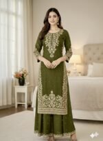 Pure GMY Silk with Heavy Embroidery Coding Sequence Work & Moti Work (Olive Green) - Image 3