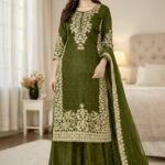 Pure GMY Silk with Heavy Embroidery Coding Sequence Work & Moti Work (Olive Green)