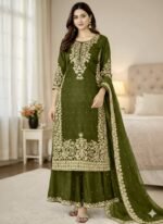 Pure GMY Silk with Heavy Embroidery Coding Sequence Work & Moti Work (Olive Green)