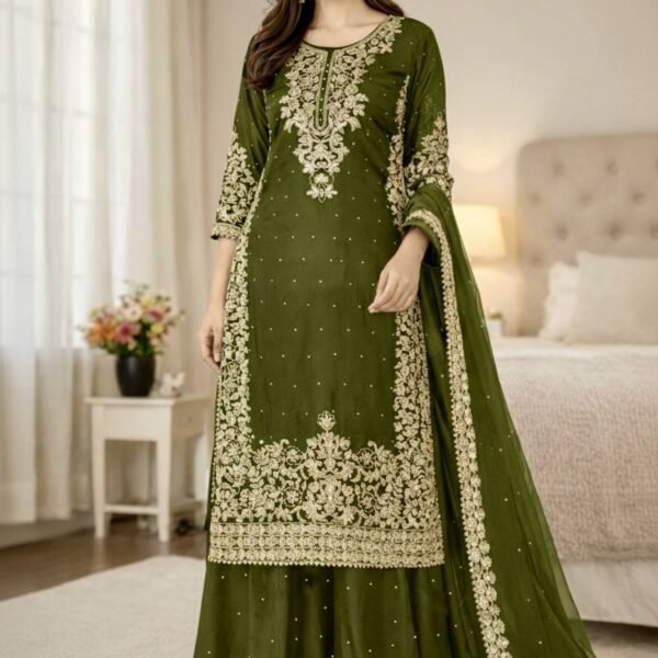 Pure GMY Silk with Heavy Embroidery Coding Sequence Work & Moti Work (Olive Green)