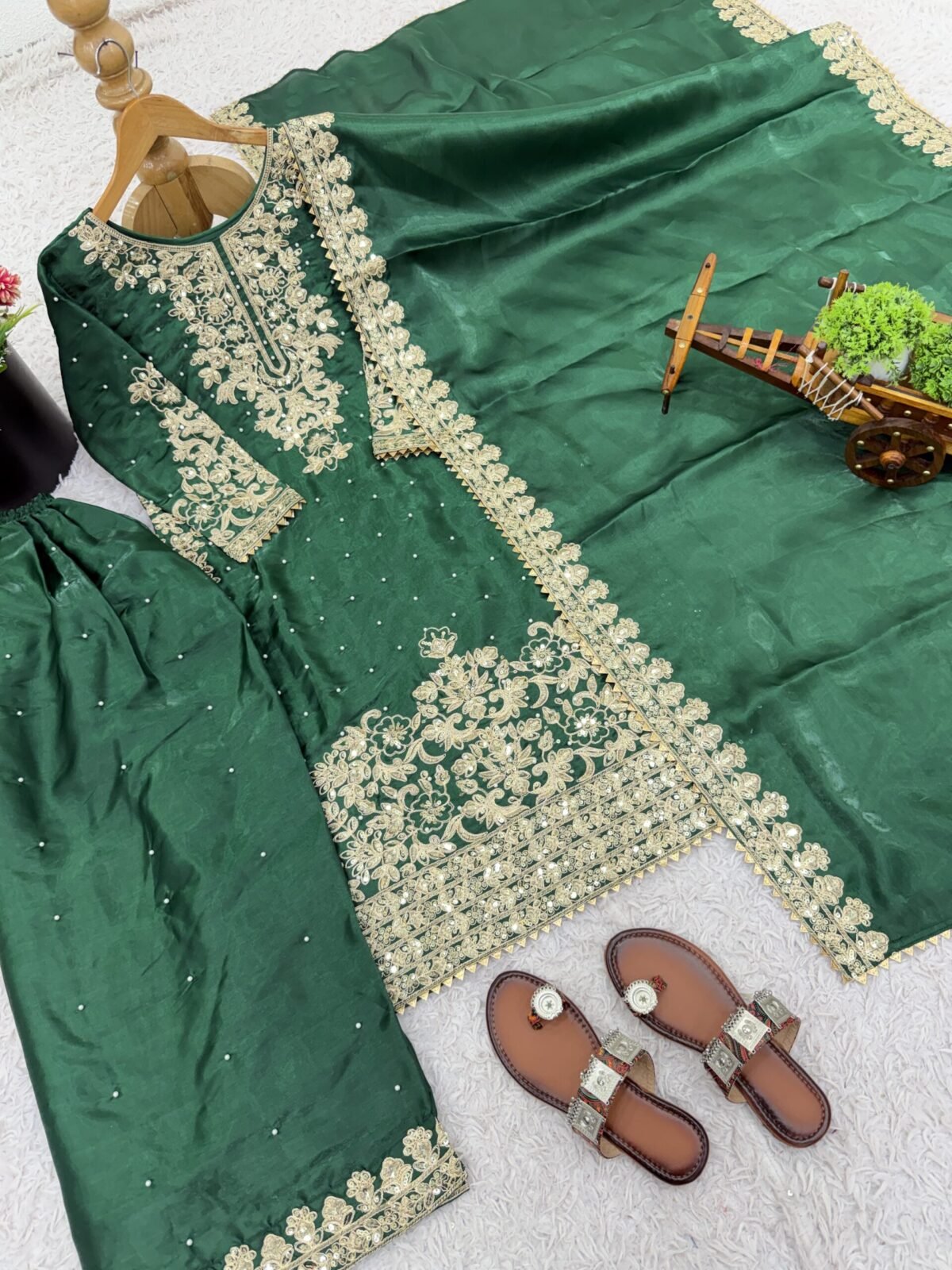 Pure GMY Silk with Heavy Embroidery Coding Sequence Work & Moti Work (Green) - Image 7
