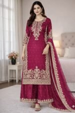 Pure GMY Silk with Heavy Embroidery Coding Sequence Work & Moti Work (Pink) - Image 2