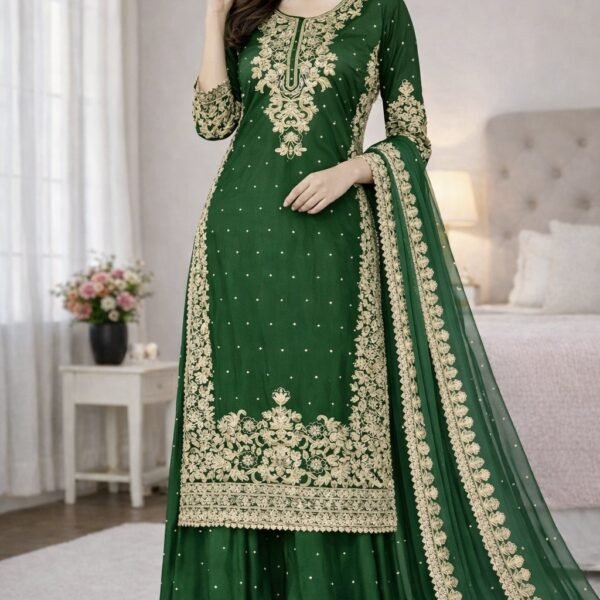 Pure GMY Silk with Heavy Embroidery Coding Sequence Work & Moti Work (Green)