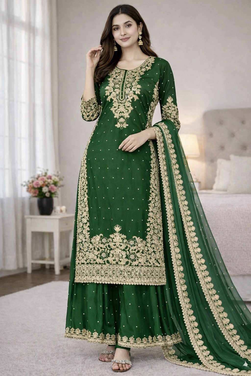 IMG_4595 Pure GMY Silk with Heavy Embroidery Coding Sequence Work & Moti Work (Green) - Image 1