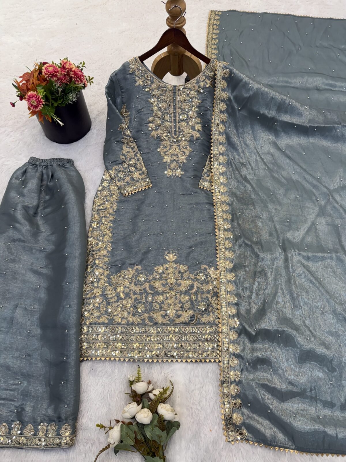 Pure GMY Silk with Heavy Embroidery Coding Sequence Work & Moti Work (Grey) - Image 5