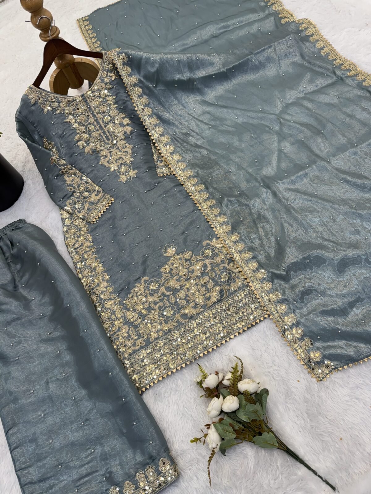 Pure GMY Silk with Heavy Embroidery Coding Sequence Work & Moti Work (Grey) - Image 4