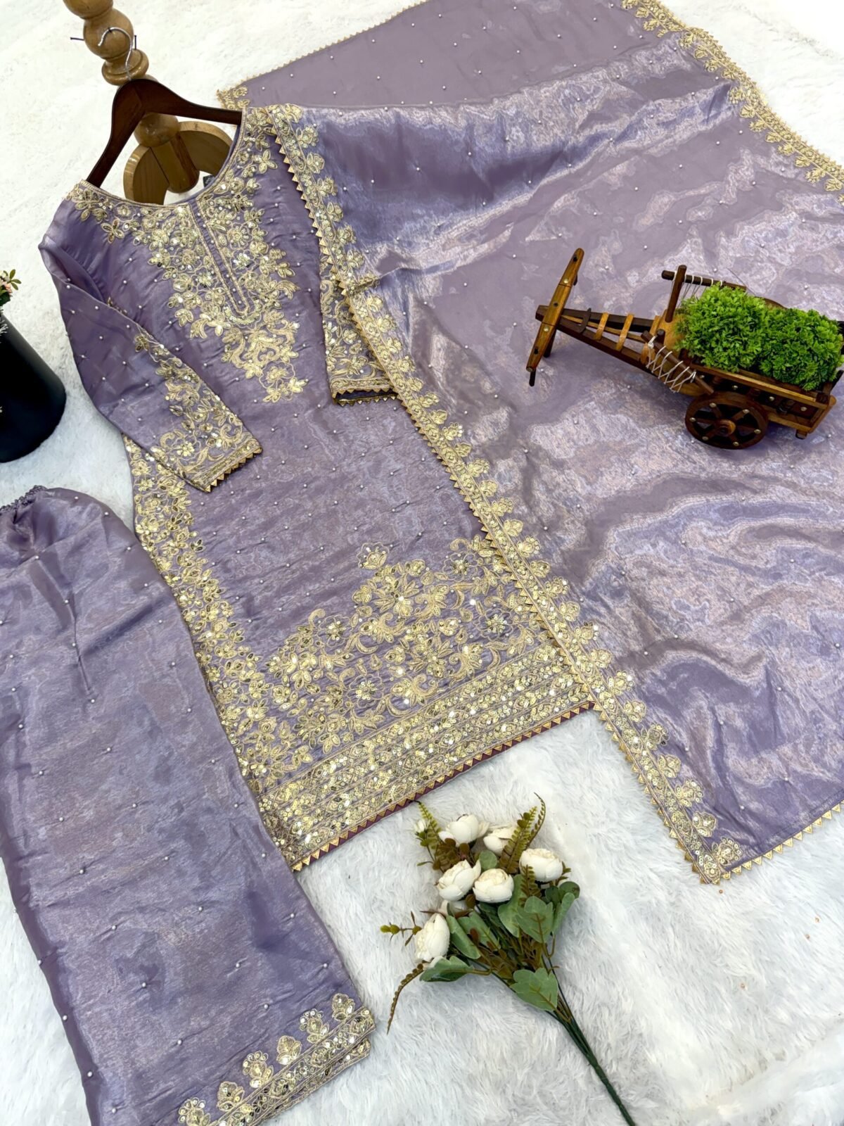Pure GMY Silk with Heavy Embroidery Coding Sequence Work & Moti Work (Light Purple) - Image 6