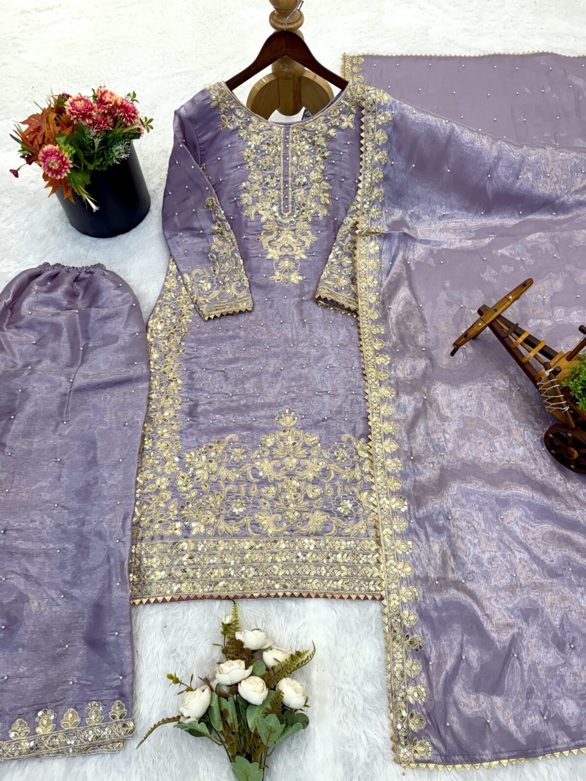 Pure GMY Silk with Heavy Embroidery Coding Sequence Work & Moti Work (Light Purple) - Image 5