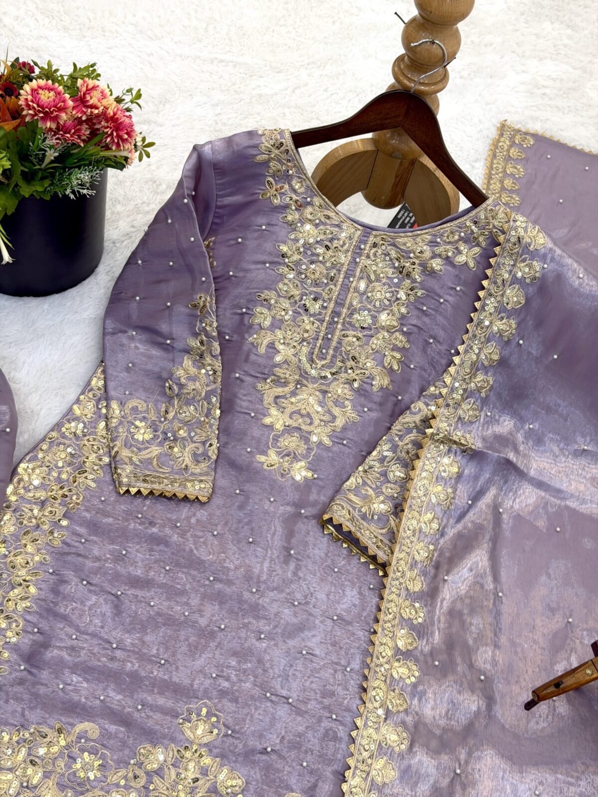 Pure GMY Silk with Heavy Embroidery Coding Sequence Work & Moti Work (Light Purple) - Image 7