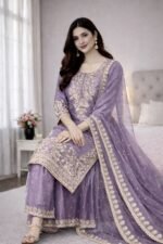 Pure GMY Silk with Heavy Embroidery Coding Sequence Work & Moti Work (Light Purple) - Image 3
