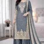 Pure GMY Silk with Heavy Embroidery Coding Sequence Work & Moti Work (Grey)
